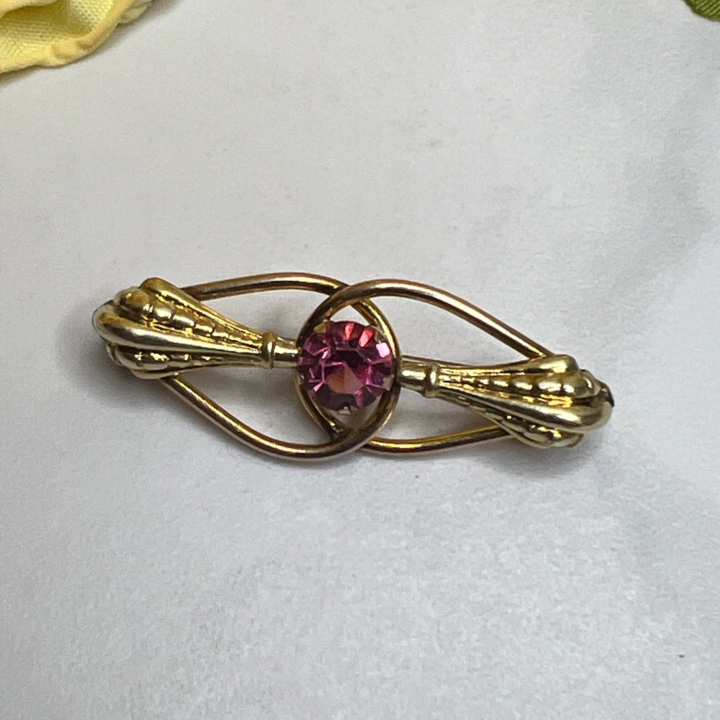 1920s Art Nouveau Pink Rhinestone Estate Bar Brooch 10K GF