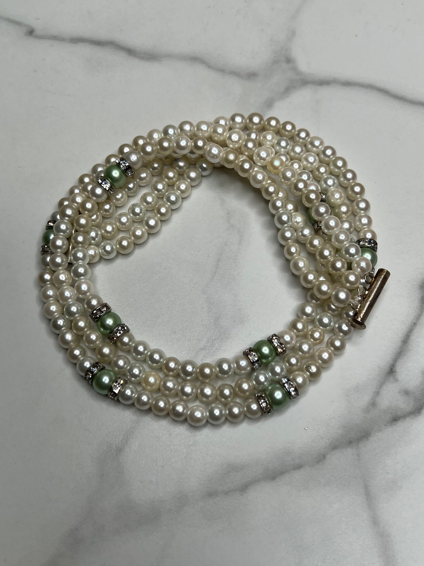 3 Strand White Green Pearl Necklace Bracelet Jewelry Set