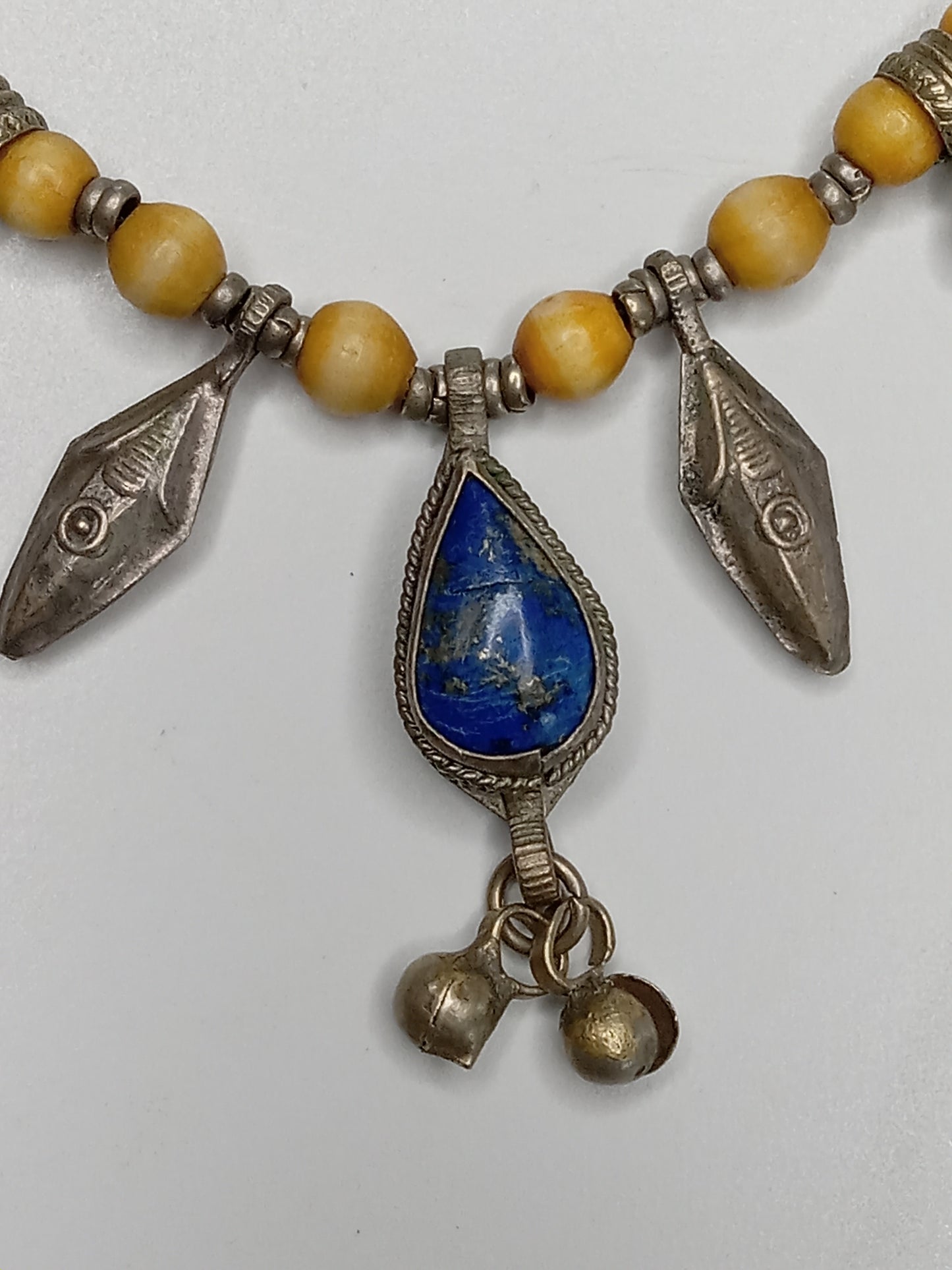 Vintage Artisan Teardrop Lapis Lazuli Beaded Tribal Charm Necklace