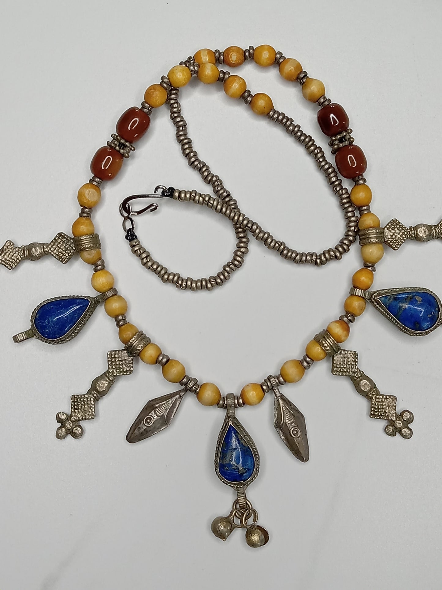 Vintage Artisan Teardrop Lapis Lazuli Beaded Tribal Charm Necklace