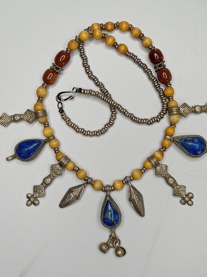 Vintage Artisan Teardrop Lapis Lazuli Beaded Tribal Charm Necklace