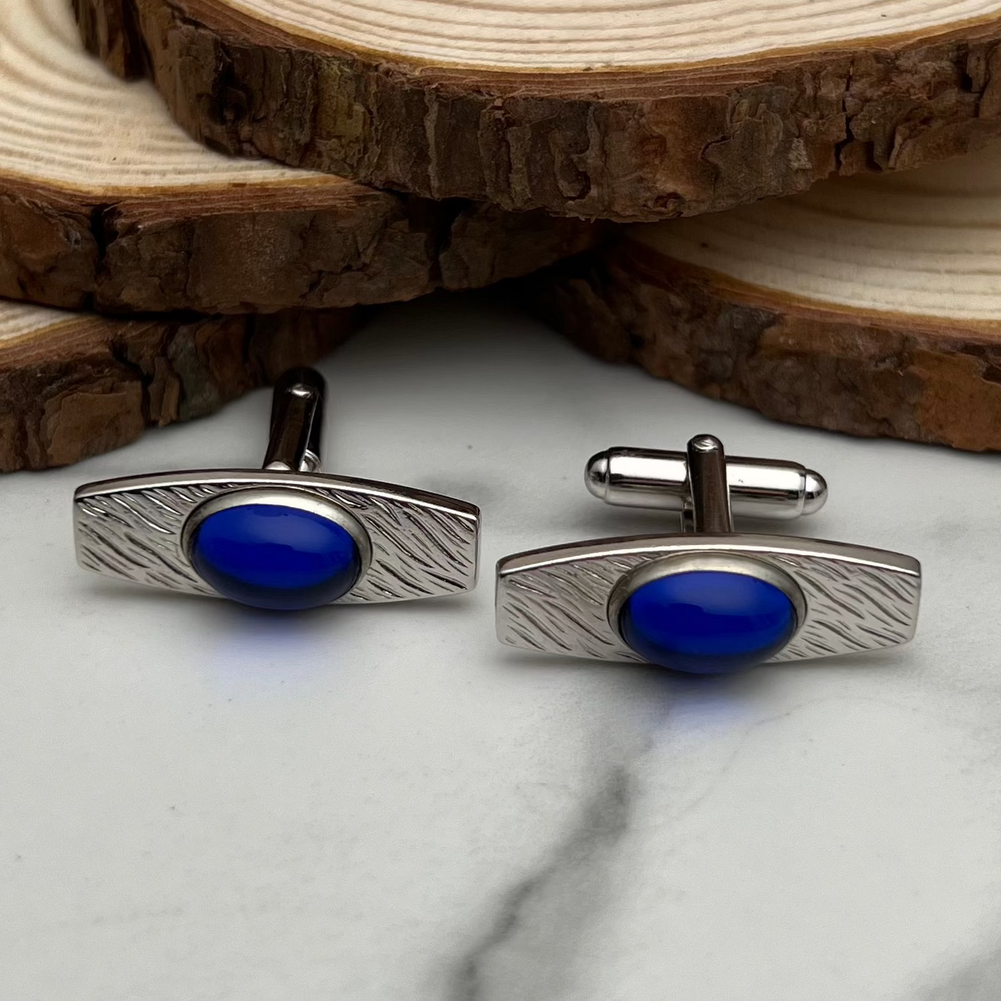 Mid-Century Signed Silver Blue Glass Mens Cufflinks