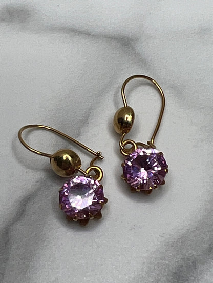 Vintage Signed Wells 14K GF Pink Austrian Crystal Kidney Wire Dangle Earrings