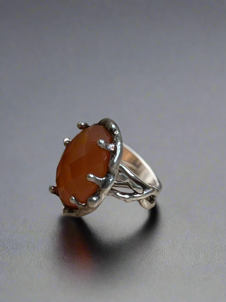 Vintage Celtic Faceted Oval Carnelian Sterling Silver Statement Ring Size 6