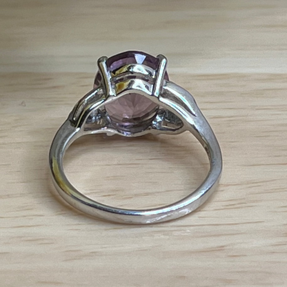 Vintage Sterling Silver Oval Amethyst and Diamond Ring Size 8 1/2