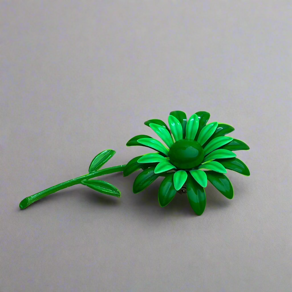 Vintage Large Two Tone Lime Green Enamel Flower Satement Brooch