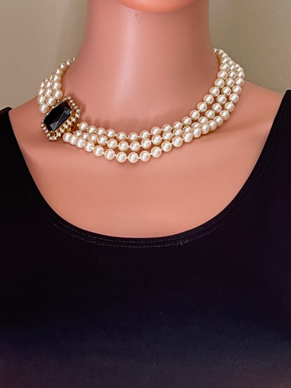 Vintage Victorian 3 Strand Hand Tied Glass Pearl Rhinestone Collar Necklace