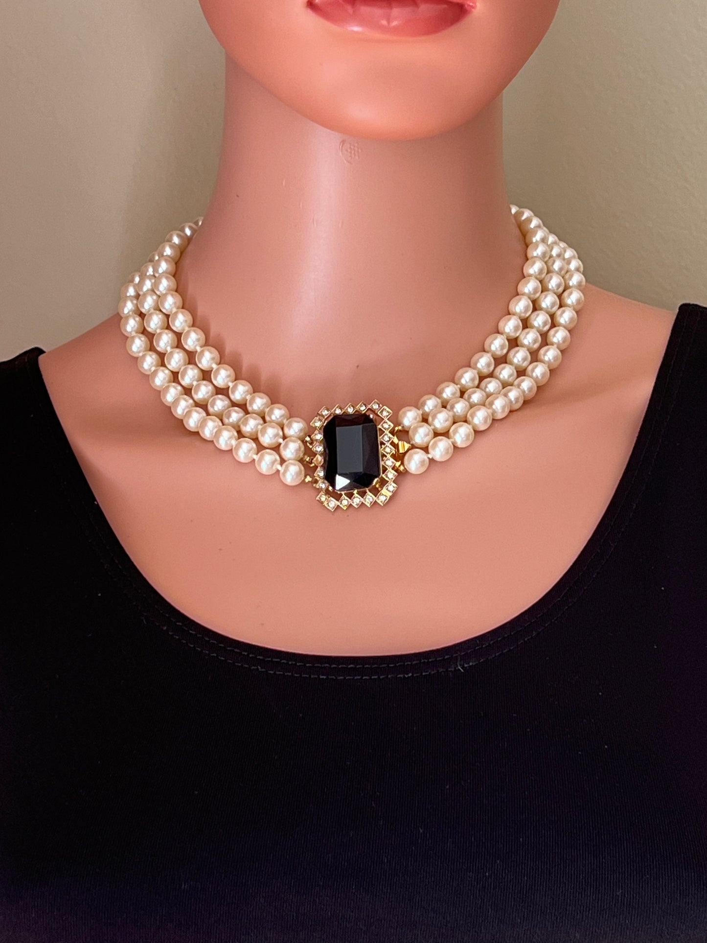 Vintage Victorian 3 Strand Hand Tied Glass Pearl Rhinestone Collar Necklace