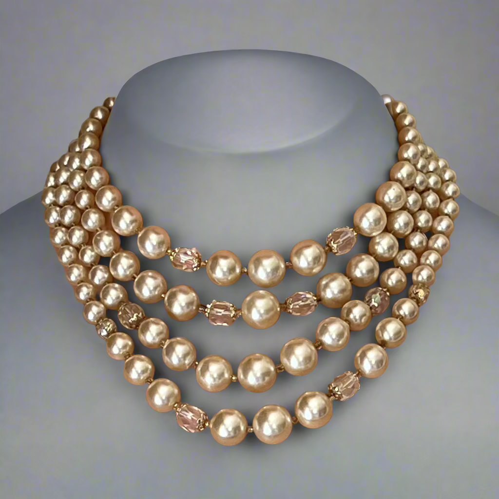 Vintage Mid-Century multi-Strand Faux Pearl Aurora Borealis Choker Necklace