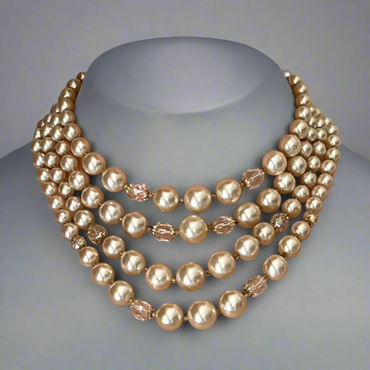 Vintage Mid-Century multi-Strand Faux Pearl Aurora Borealis Choker Necklace