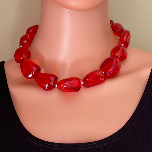 Vintage Mid-Century Chunky Red Lucite Choker Necklace