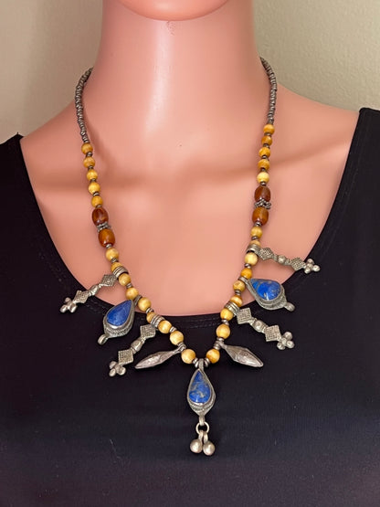 Vintage Artisan Teardrop Lapis Lazuli Beaded Tribal Charm Necklace