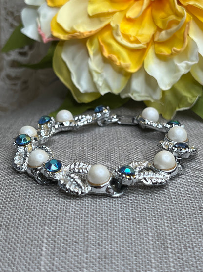 Vintage Silver Leaf Pearl Blue Aurora Borealis Link Bracelet