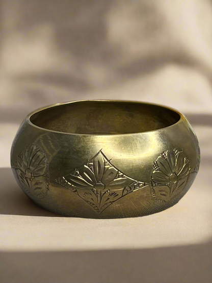 Vintage Wide Brass Chunky Engraved Flower Bangle Bracelet