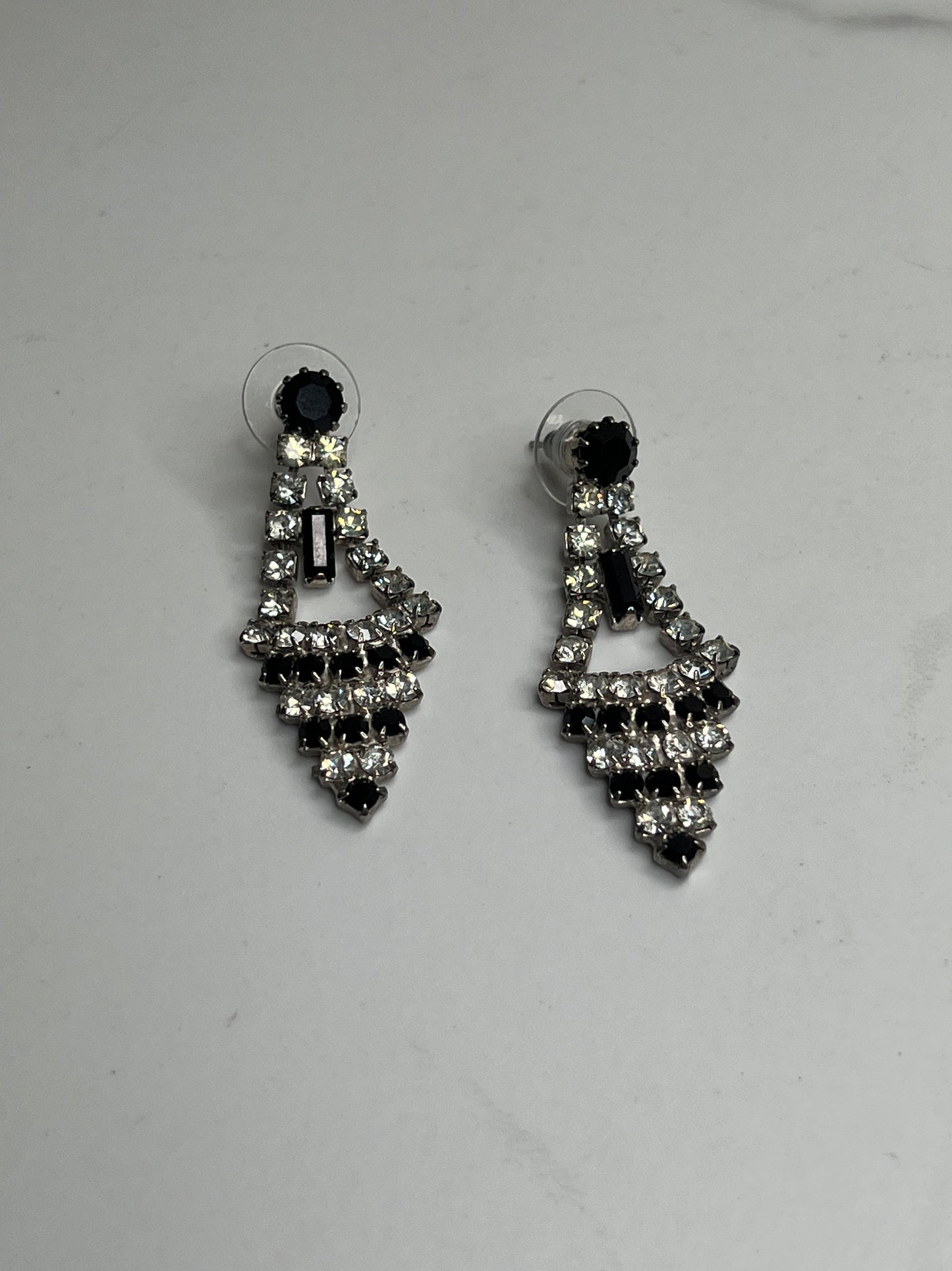 Art Deco Black Clear Rhinestone Long Pierced Stud Earrings