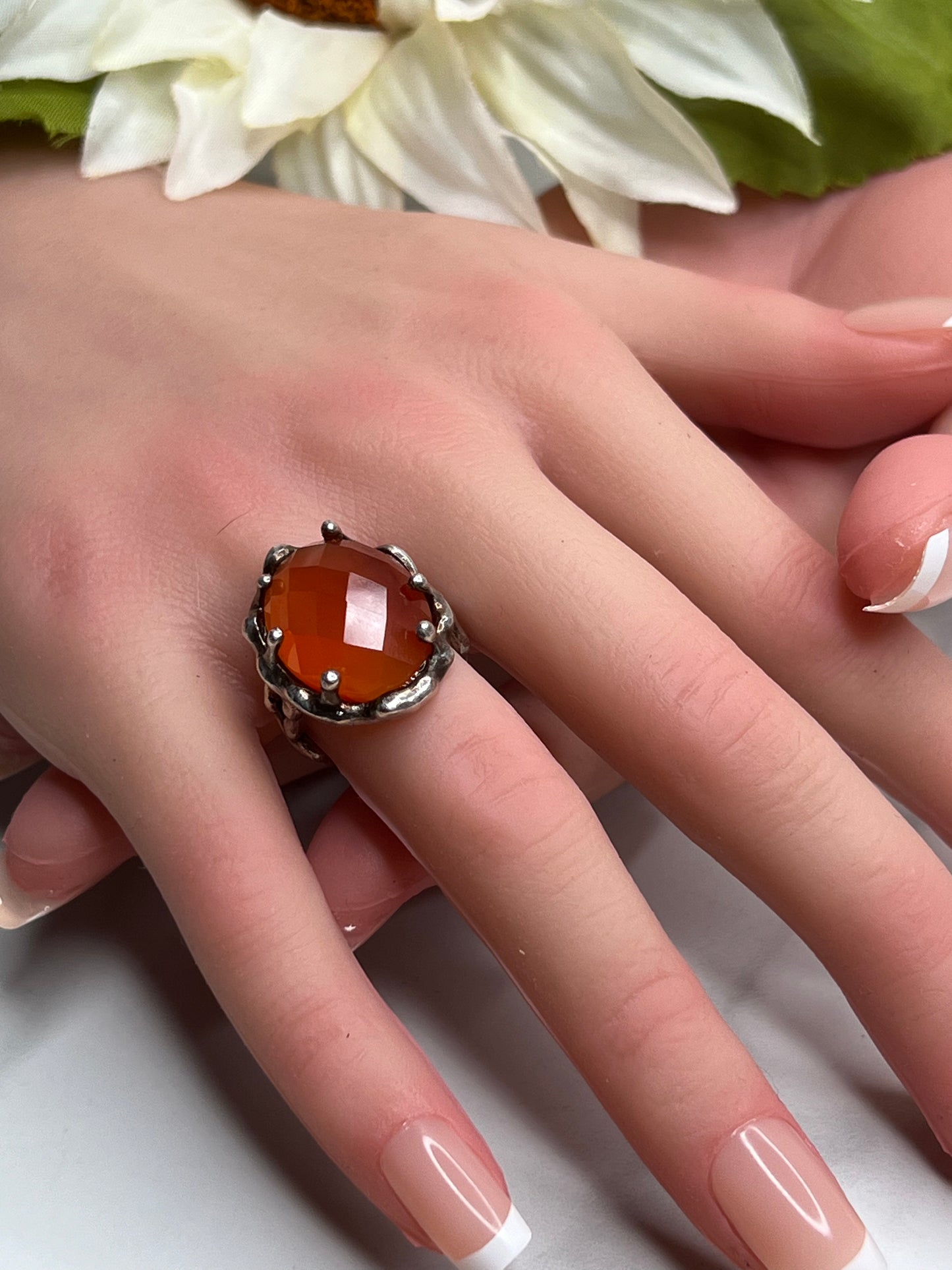 Vintage Celtic Faceted Oval Carnelian Sterling Silver Statement Ring Size 6