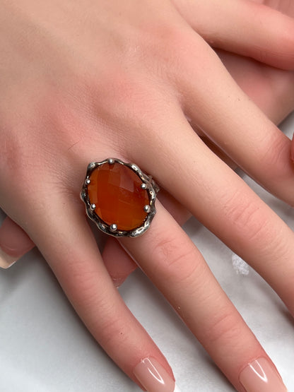 Vintage Celtic Faceted Oval Carnelian Sterling Silver Statement Ring Size 6