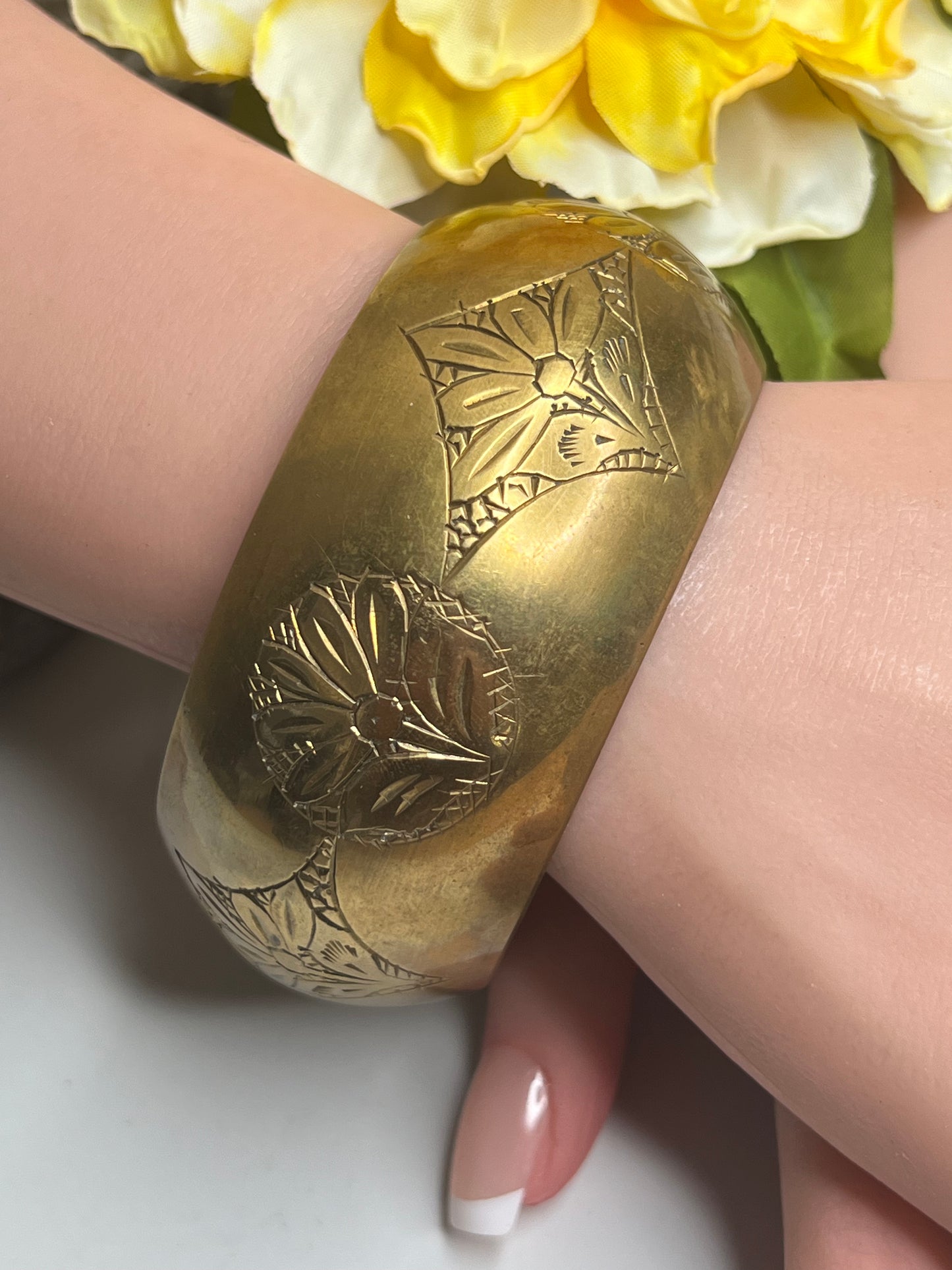 Vintage Wide Brass Chunky Engraved Flower Bangle Bracelet