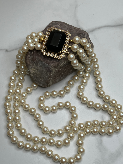 Vintage Victorian 3 Strand Hand Tied Glass Pearl Rhinestone Collar Necklace