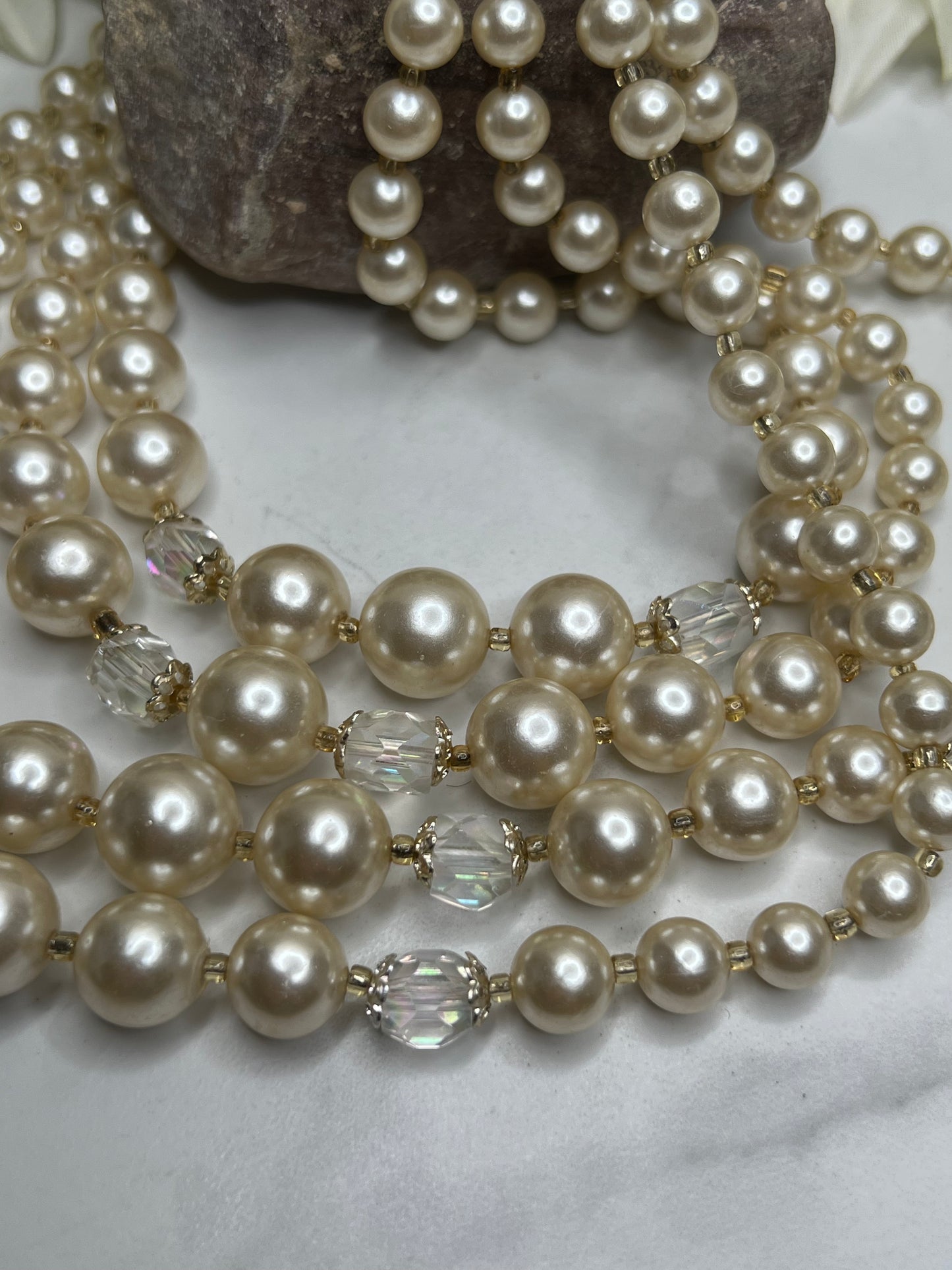 Vintage Mid-Century multi-Strand Faux Pearl Aurora Borealis Choker Necklace