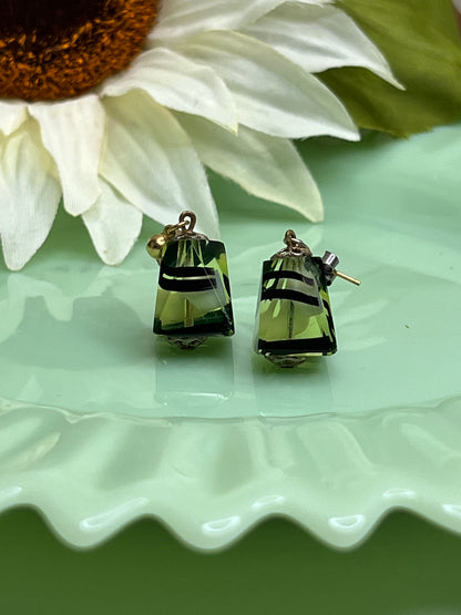 Vintage Green Pyramid Glass Pierced Stud Dangle Earrings