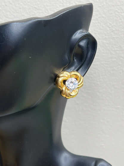 Vintage Gold Swirl Clear Crystal Rhinestone Pierced Stud Earrings