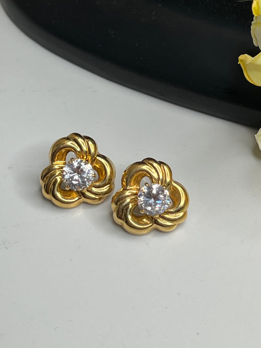 Vintage Gold Swirl Clear Crystal Rhinestone Pierced Stud Earrings