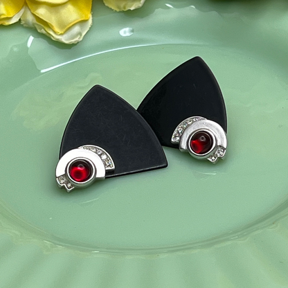 Signed Monet Art Deco Large Pierced Stud Earrings