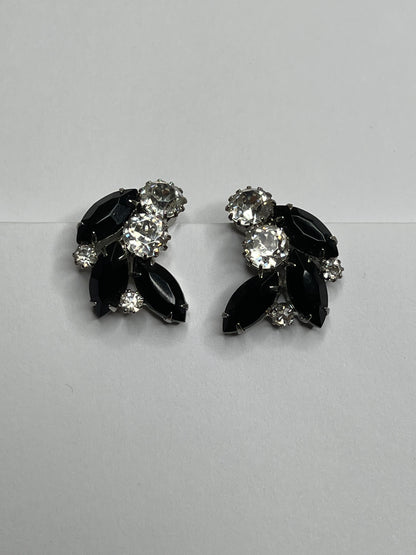 Signed Weiss Clear Black Rhinestone Clip on Earrings