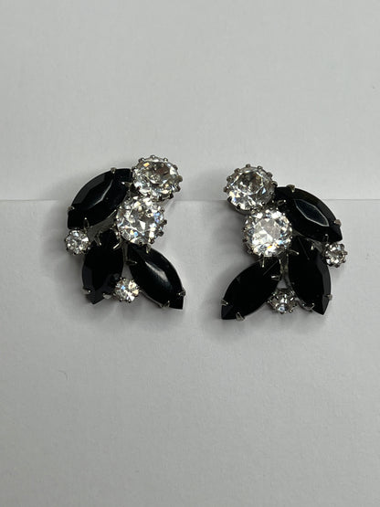 Signed Weiss Clear Black Rhinestone Clip on Earrings