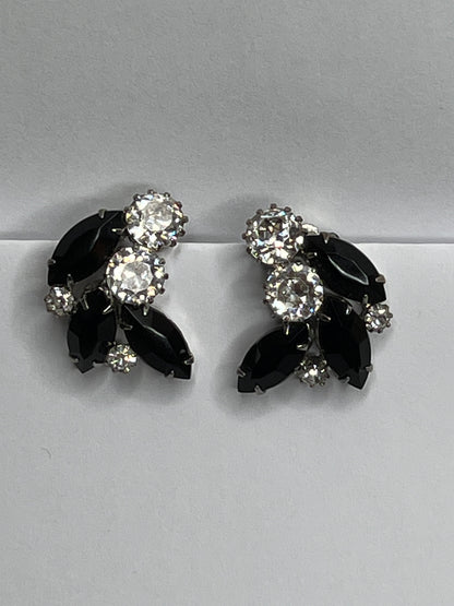 Signed Weiss Clear Black Rhinestone Clip on Earrings