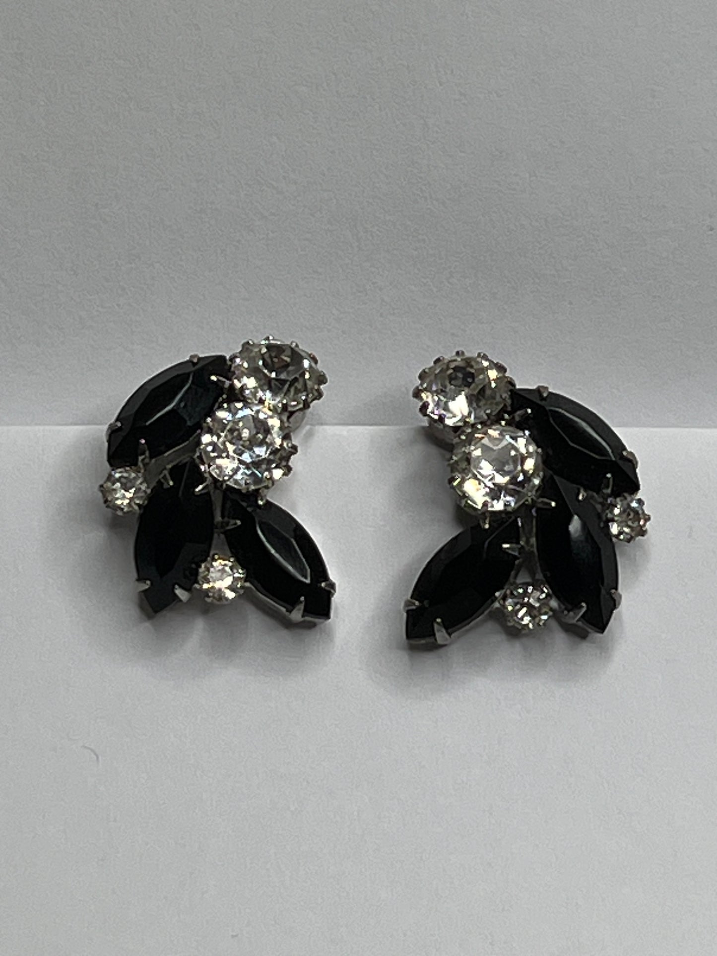 Signed Weiss Clear Black Rhinestone Clip on Earrings