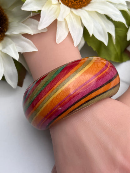 Retro Wide Lucite Bangle Bracelet Rainbow Earth Tones