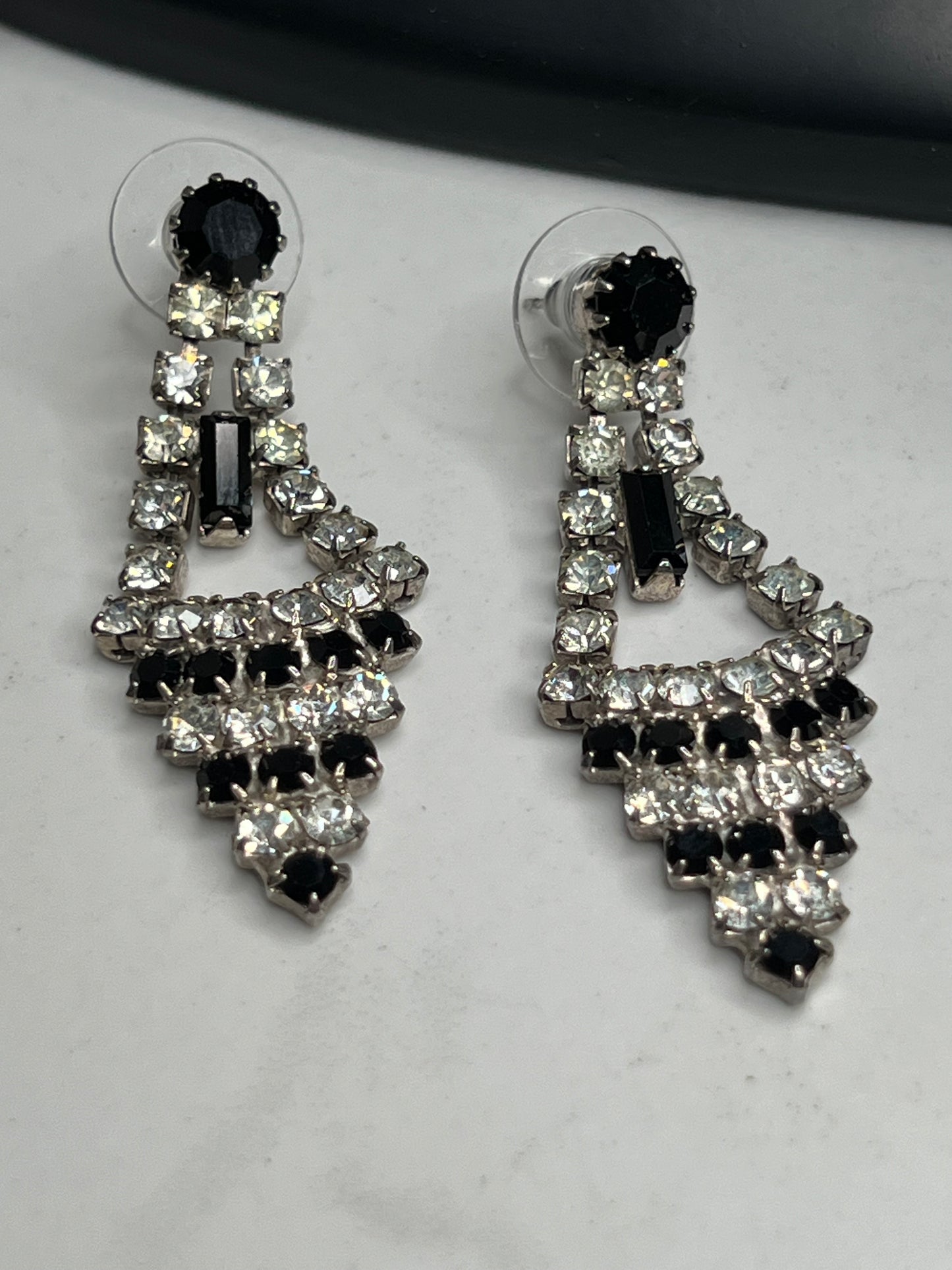 Art Deco Black Clear Rhinestone Long Pierced Stud Earrings