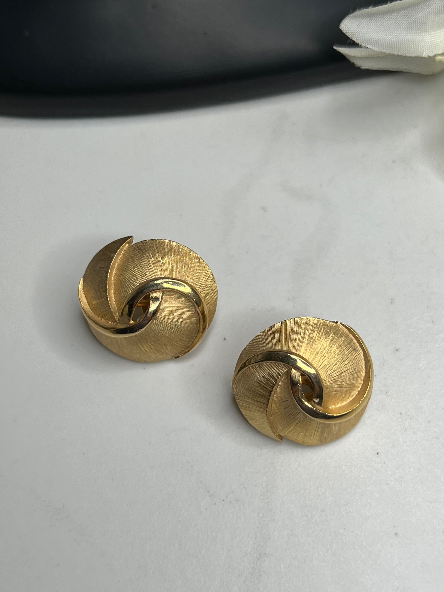 Signed Trifari Brushed Gold Swirl Clip on Earrings