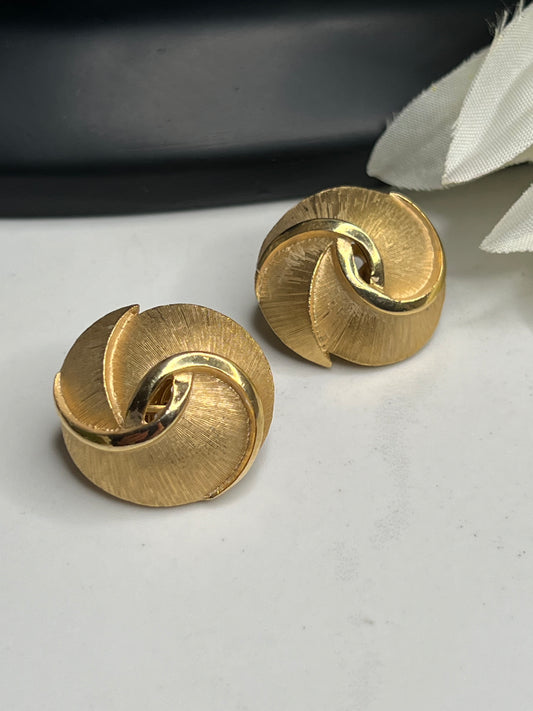 Signed Trifari Brushed Gold Swirl Clip on Earrings