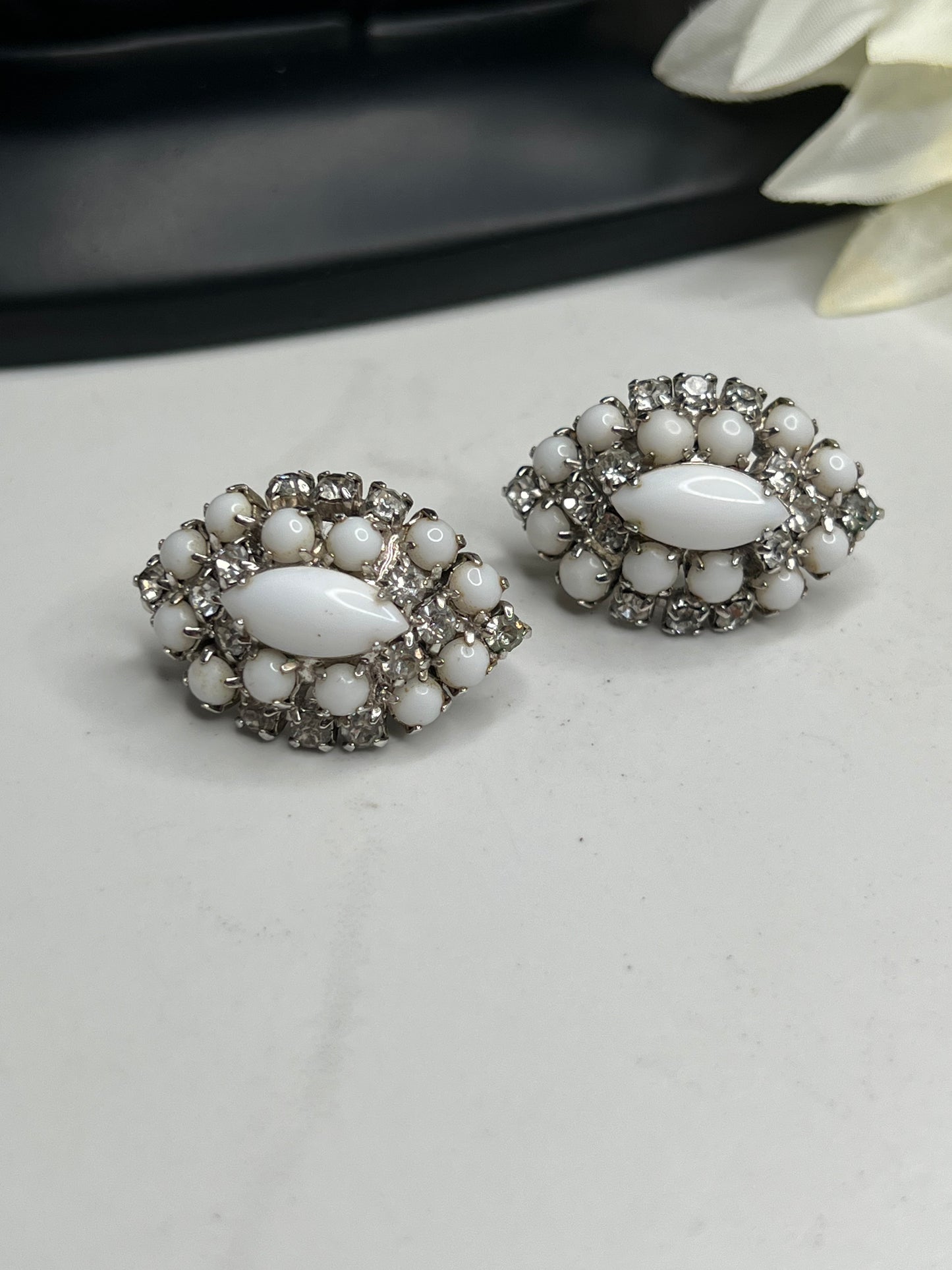 Mid-Century Marquise Shape Milk Glass Clear Rhinestone Clip on Earrings