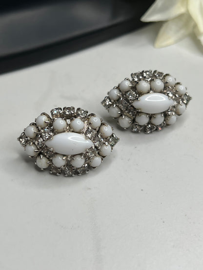 Mid-Century Marquise Shape Milk Glass Clear Rhinestone Clip on Earrings