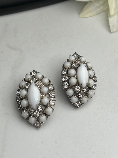 Mid-Century Marquise Shape Milk Glass Clear Rhinestone Clip on Earrings