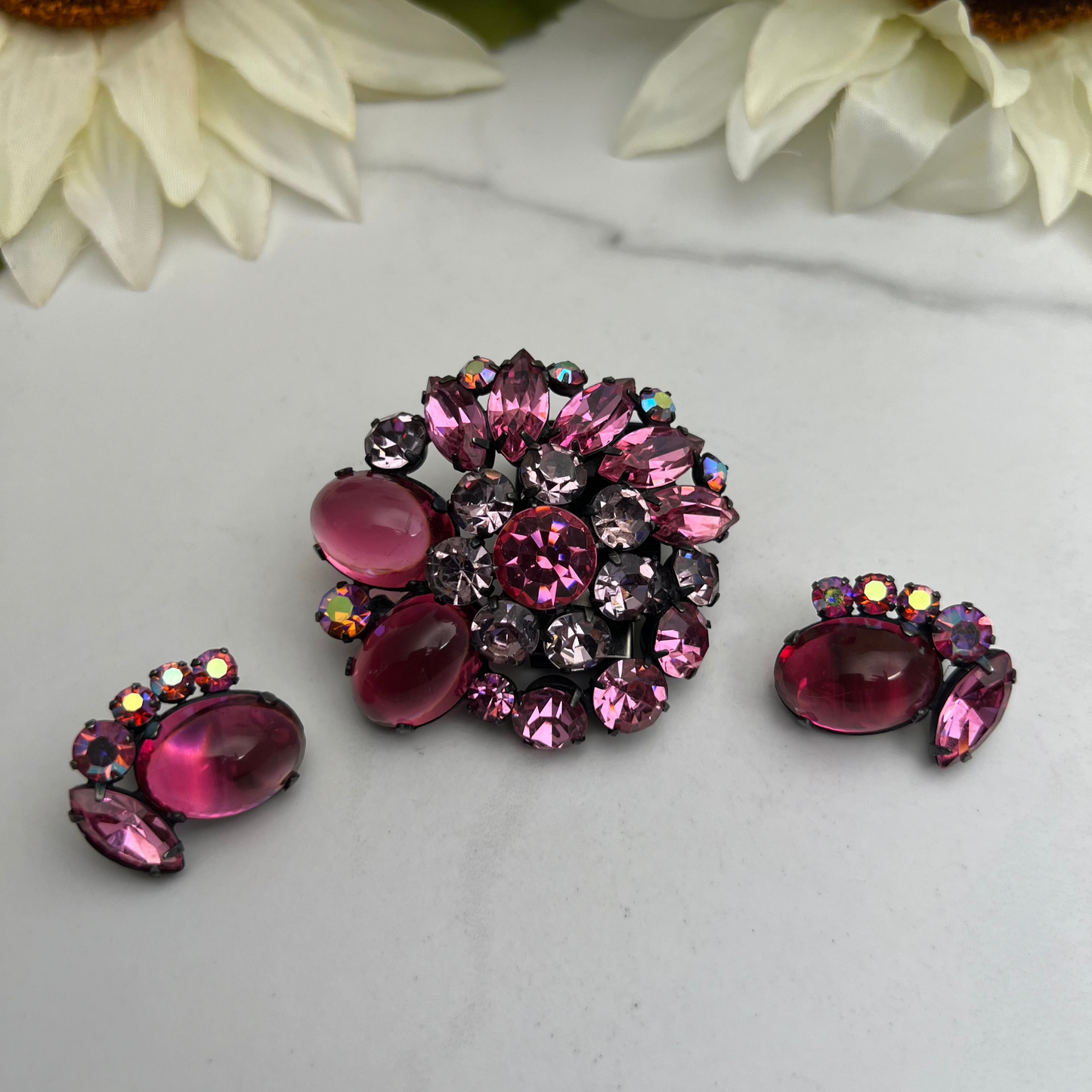 Signed Coro Jelly Belly Pink Aurora Borealis Brooch and Clip on Earrings