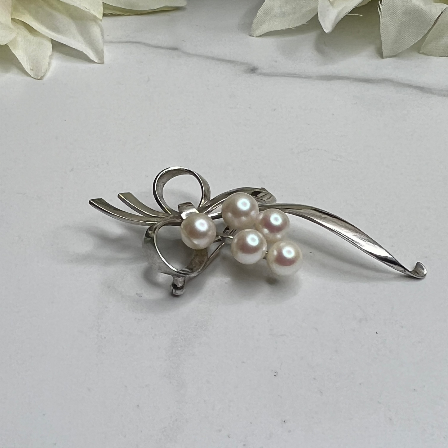 Signed Mikimoto Sterling Silver Lily of the Valley Akoya Pearl Brooch