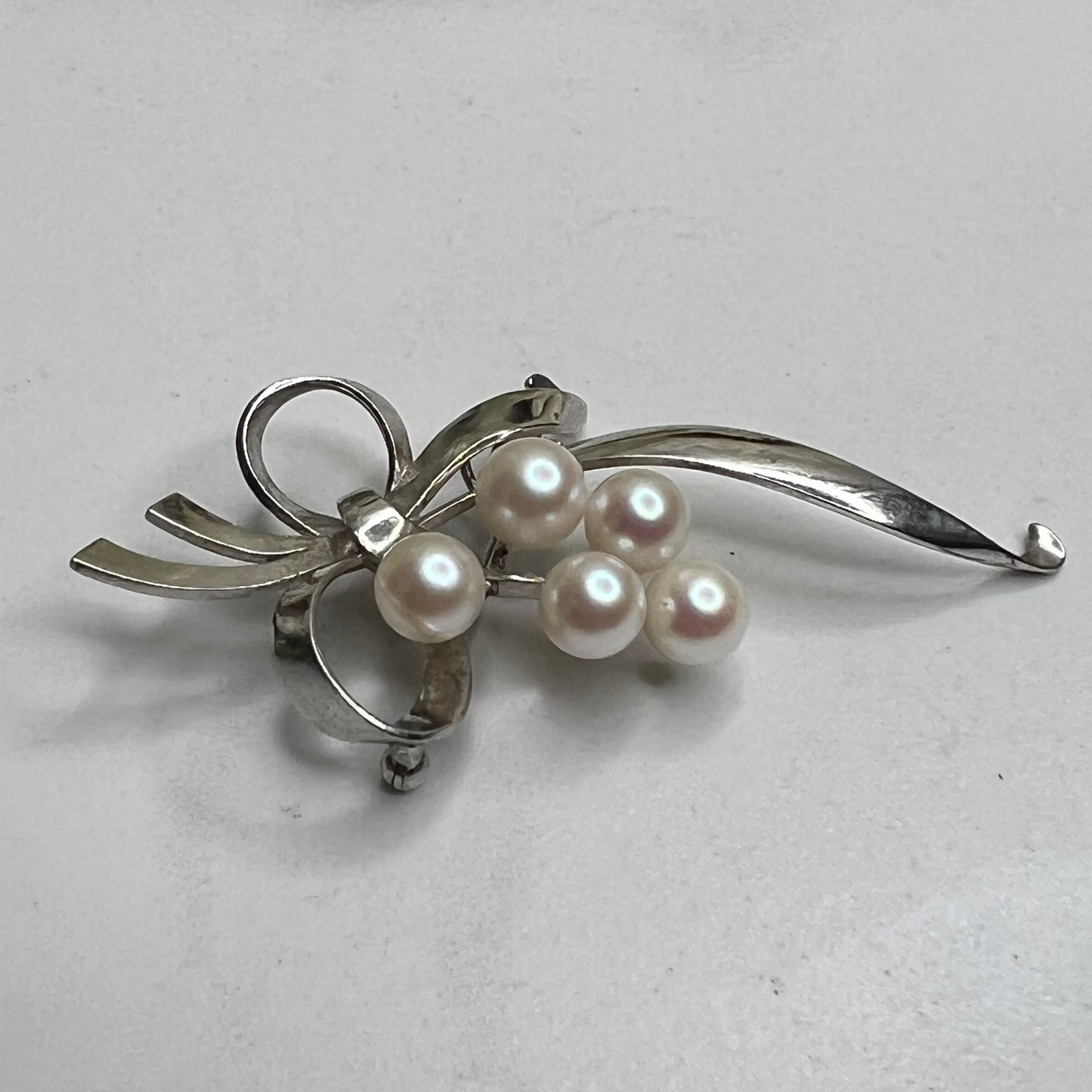 Signed Mikimoto Sterling Silver Lily of the Valley Akoya Pearl Brooch