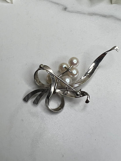 Signed Mikimoto Sterling Silver Lily of the Valley Akoya Pearl Brooch