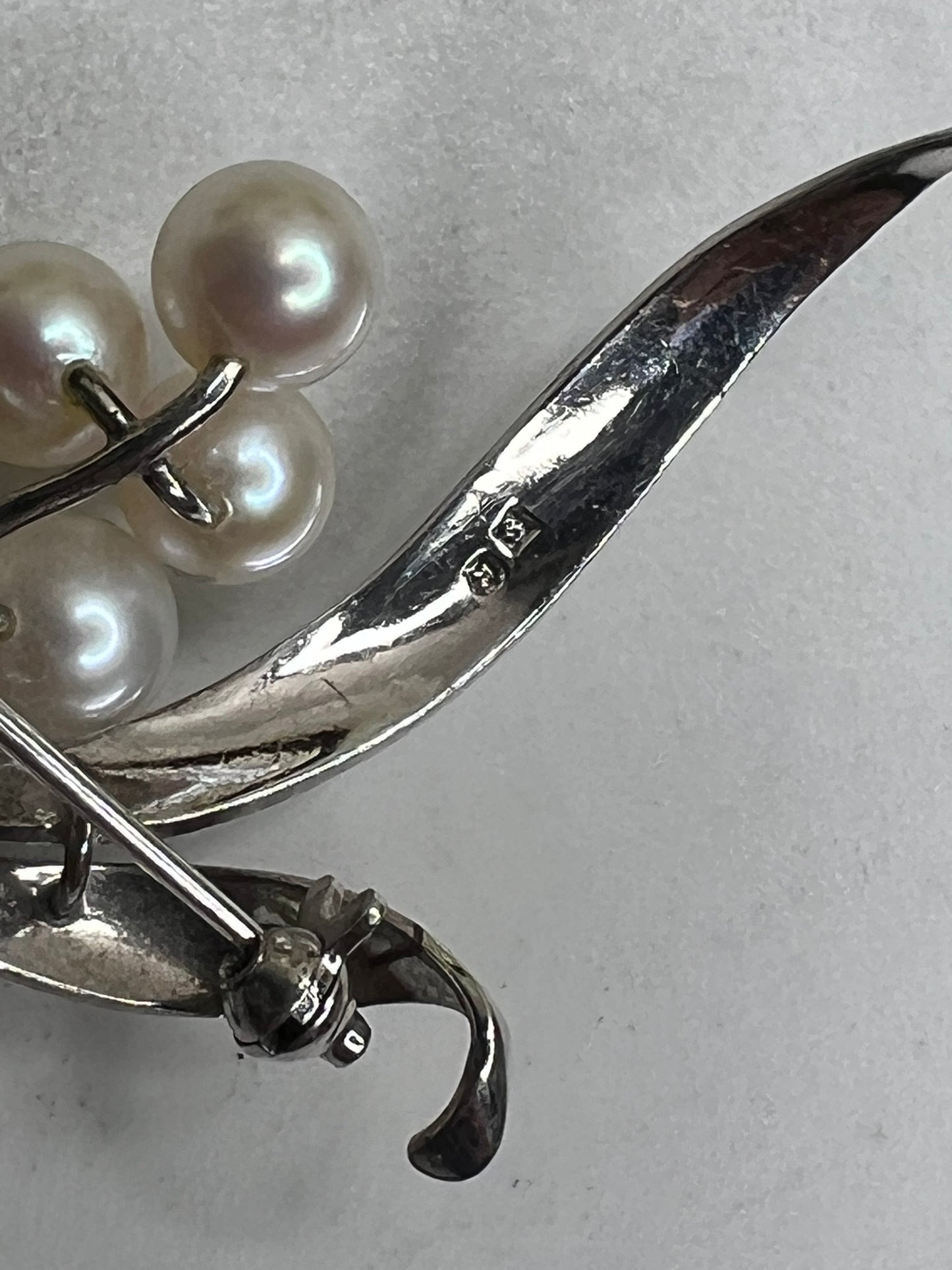 Signed Mikimoto Sterling Silver Lily of the Valley Akoya Pearl Brooch