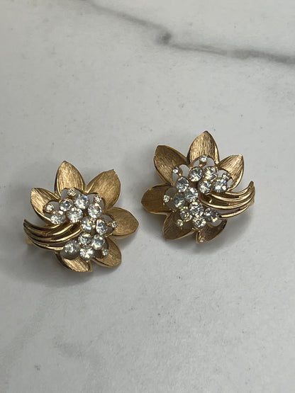 Signed Trifari Gold Rhinestone Starburst Flower Brooch and Clip on Earrings