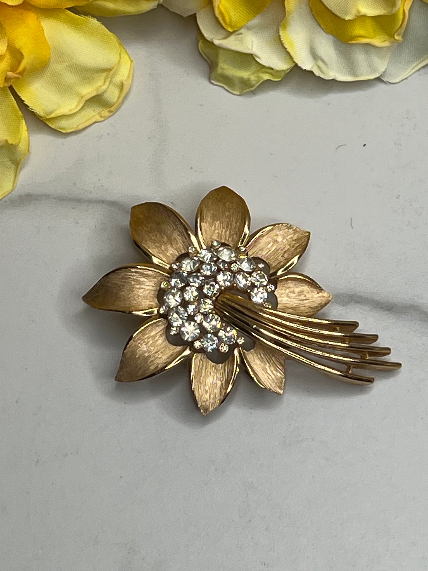 Signed Trifari Gold Rhinestone Starburst Flower Brooch and Clip on Earrings