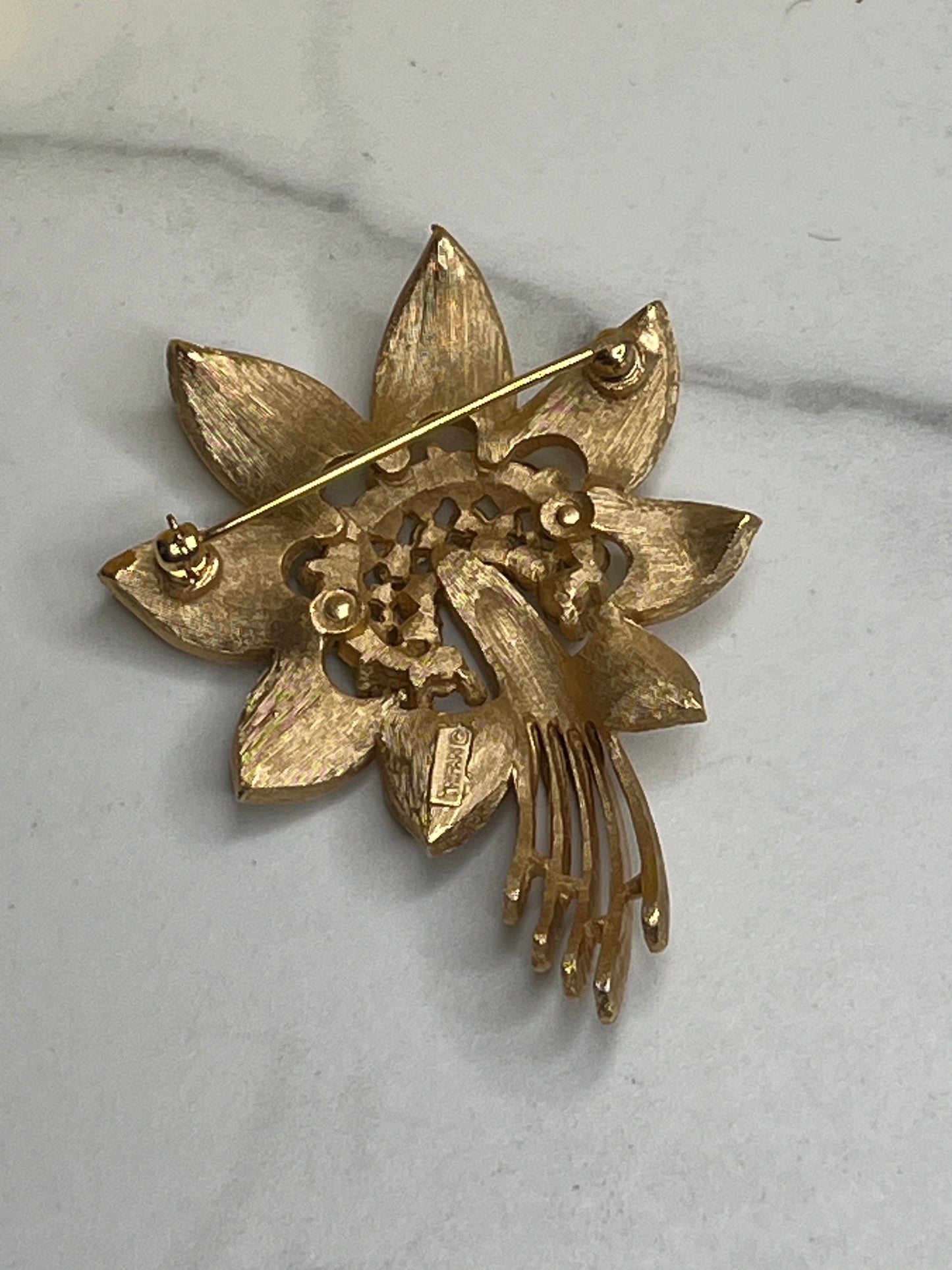 Signed Trifari Gold Rhinestone Starburst Flower Brooch and Clip on Earrings