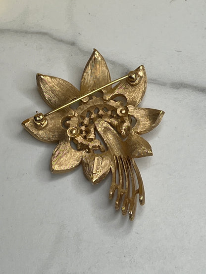 Signed Trifari Gold Rhinestone Starburst Flower Brooch and Clip on Earrings