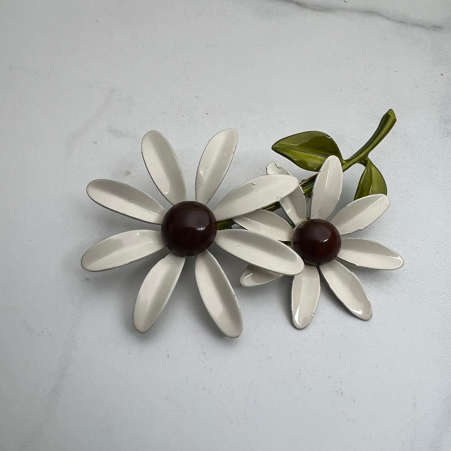 Vintage Brown White Enamel Daisy Brooch Clip on Earrings Jewelry Set