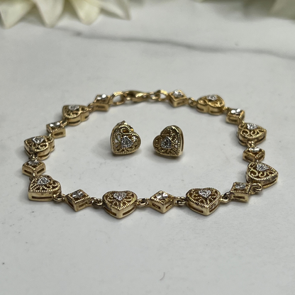 Vintage Sterling Silver Gold Vermeil Filigree Heart Pierced Stud Earrings and Bracelet